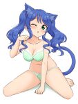  1girl ;o absurdres animal_ears arm_support barefoot blue_hair bra breasts cat_ears cat_tail commentary_request green_bra green_eyes green_panties head_tilt highres hisui_(shiraha_maru) kemonomimi_mode lace-trimmed_bra lace_trim leaning_forward long_hair medium_breasts navel one_eye_closed original panties partial_commentary paw_pose shiraha_maru simple_background sitting solo tail twintails underwear underwear_only wariza white_background 