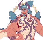  1boy abs another_eidos-r aqua_hair atmos_(another_eidos) bara beard body_markings chest_jewel colored_skin completely_nude dragon_boy dragon_horns facial_hair full_beard furry furry_male groin high_ponytail highres horns huge_eyebrows huge_pectorals looking_to_the_side male_focus muscular muscular_male nipples nude null-ghost open_mouth red_skin solo strongman_waist two-tone_beard white_background 