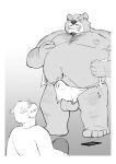 2024 absurd_res anthro balls bear belly big_belly clothed clothing duo erection erection_under_clothing genitals hi_res kemono male mammal monochrome moobs navel nipples overweight overweight_male scared simple_background sitting udontarai