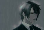  1boy black_hair black_jacket black_necktie collared_shirt commentary d8j0j dirge_of_cerberus_final_fantasy_vii dress_shirt final_fantasy final_fantasy_vii from_side grey_background highres jacket light_frown looking_to_the_side male_focus necktie official_alternate_costume official_alternate_hair_length official_alternate_hairstyle outdoors rain red_eyes sad shirt short_hair solo suit_jacket upper_body vincent_valentine wet wet_clothes wet_face wet_hair white_shirt 