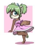 2019 aggie_(artist) anthro bow brown_fur clothed clothing cub digital_media_(artwork) dook_(lildooks) dress female ferret freckles fur green_eyes green_hair hair looking_at_viewer looking_back mammal mustelid pawpads pigtails simple_background smile solo standing teeth tongue tongue_out young 