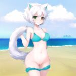 ai_generated beach belly bikini blue_bikini blue_clothing blue_swimwear breasts cat_ears_(disambiguation) clothed clothing eyebrows female fur genitals hair heterochromia invalid_tag luserdud microsoft minecraft mojang mysticat_(youtuber) panties panties_down partially_clothed presenting presenting_pussy public public_nudity pussy raised_eyebrows seaside short_hair smile smirk solo swimwear tail underwear underwear_down white_body white_fur xbox_game_studios youtuber