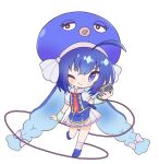  1girl 7takada ;) absurdly_long_hair ahoge arm_warmers blue_eyes blue_footwear blue_hair blue_vest blush bow braid cable chibi colored_inner_hair eel_hat full_body hair_bow hand_up hat holding holding_microphone long_hair low-braided_long_hair microphone miniskirt multicolored_hair necktie one_eye_closed otomachi_una otomachi_una_(sugar) pleated_skirt print_necktie print_socks puffy_short_sleeves puffy_sleeves red_necktie short_sleeves sidelocks simple_background skirt smile socks solo standing standing_on_one_leg treble_clef twin_braids twintails very_long_hair vest vocaloid white_background white_bow white_skirt white_socks 