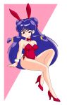  1980s_(style) 1girl absurdres animal_ears artist_request bow bowtie breasts brown_eyes high_heels highres leotard long_hair looking_at_viewer medium_breasts playboy_bunny purple_hair rabbit_ears ranma_1/2 retro_artstyle shampoo shampoo_(ranma_1/2) solo thighs wrist_cuffs 