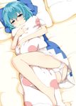  ass bare_legs barefoot bed blue_dress blue_eyes blue_hair blush bow butt_crack cirno dress frown hair_bow knee_up looking_at_viewer lying nuko_(mikupantu) on_back on_bed on_side panties panty_pull pantyshot pantyshot_(lying) pillow pillow_hug polka_dot_pillow puffy_short_sleeves puffy_sleeves revision short_hair short_sleeves solo touhou underwear white_panties 