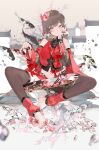  1girl :d absurdres bare_shoulders barefoot black_nails blush bodhi_wushushenghua breasts brown_hair chinese_clothes eyebrows_hidden_by_hair fish flower hair_flower hair_ornament highres looking_at_viewer navel original petals red_eyes red_nails sitting smile solo thighhighs 