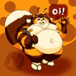1:1 antennae_(anatomy) anthro arthropod barazoku bee belly brown_body brown_fur bumble_beans(fujiyamasamoyed) canid canine canis clothing eyes_closed fluffy fluffy_tail footwear fujiyama_samoyed_(artist) fur gesture hair hybrid hymenopteran insect looking_at_viewer male mammal nipples nude obese obese_anthro open_mouth overweight overweight_anthro overweight_male raccoon_dog sandals simple_background smile socks socks_with_sandals solo tail tanuki text tuft watermark waving waving_at_viewer wings yellow_body