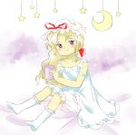 1girl blonde_hair bloomers blush closed_mouth collarbone crescent cup dress flat_chest hat hat_ribbon holding holding_cup long_hair looking_to_the_side mob_cap mug nonamejd official_style purple_eyes red_ribbon ribbon sitting smile socks solo star_(symbol) touhou wavy_hair white_bloomers white_dress white_headwear white_socks yakumo_yukari zun_(style) 