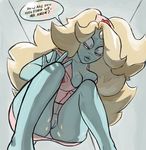  alien blonde_hair blue_skin breasts clothed clothing female gem_(species) hair multi_eye not_furry pussy rainbow_quartz simple_background solo steven_universe text 