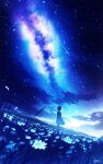  1girl absurdres backlighting blue_theme blurry cloud depth_of_field dress english_commentary field flower grass highres meteor_shower milky_way night night_sky original scenery short_hair signature sky skyrick9413 standing star_(sky) starry_sky white_flower 