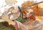  1boy battle cowboy_shot dated fox_mask ginkgo_leaf green_hakama green_kimono hakama haori highres holding holding_sword holding_weapon horizontal_pupils jacket japanese_clothes katana kimetsu_no_yaiba kimono leaf leaning_to_the_side long_sleeves looking_ahead male_focus mask mask_on_head medium_hair motion_blur orange_hair rope sabito_(kimetsu) sashiyu scar scar_on_cheek scar_on_face sketch solo sword tassel weapon white_jacket wide_sleeves 