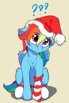  1girl ? absurdres alcorart animal blue_fur clothed_animal full_body grey_background hat highres looking_at_viewer multicolored_hair my_little_pony my_little_pony:_friendship_is_magic no_humans pegasus pink_eyes rainbow_dash rainbow_hair red_socks santa_hat simple_background socks solo striped_clothes striped_socks white_socks 