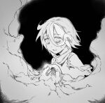  1girl bags_under_eyes cape egg from_side greyscale hair_between_eyes high_contrast highres long_bangs made_in_abyss monochrome open_mouth sansanpai short_hair solo sweatdrop upper_body vueko wavy_eyes wide-eyed 