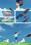  1boy absurdres bird black_hair blue_shorts blue_sky cloud day feathers highres male_focus original outdoors outstretched_arms shirt short_hair shorts sky solo taizo4282 white_shirt 