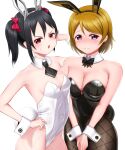  2girls angry animal_ears black_hair blanc_(nikke) blanc_(nikke)_(cosplay) blush bow bowtie breasts brown_hair cleavage cosplay detached_collar embarrassed fake_animal_ears fake_tail fishnet_pantyhose fishnets goddess_of_victory:_nikke hair_bow hand_on_own_hip highres koizumi_hanayo kubo_yurika large_breasts looking_at_viewer love_live! love_live!_school_idol_project medium_hair multiple_girls necktie noir_(nikke) noir_(nikke)_(cosplay) open_mouth pantyhose pink_eyes playboy_bunny rabbit_ears rabbit_tail red_bow red_eyes rice_natto short_hair shy small_breasts sweatdrop tail tearing_up tokui_sora twintails voice_actor_connection white_background wrist_cuffs yazawa_nico 