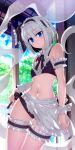  1girl absurdres apron bikini black_bikini black_hairband black_ribbon blue_eyes blush closed_mouth cowboy_shot flat_chest frilled_apron frills grey_hair hair_ribbon hairband highres hitodama konpaku_youmu konpaku_youmu_(ghost) maid maid_apron maid_bikini navel ribbon sazanami_mio short_hair solo swimsuit touhou unconventional_maid white_apron 