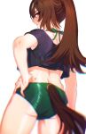  1girl alternate_costume alternate_hairstyle ass bikini blush brown_hair commentary_request cowboy_shot cropped_shirt from_behind green_bikini hair_between_eyes hand_on_own_hip long_hair multicolored_hair omotil ponytail red_eyes simple_background sirius_symboli_(umamusume) solo streaked_hair swimsuit umamusume white_background white_hair 