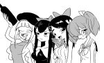  4girls animal_ear_hairband animal_ears arm_up blush bottle bow bowtie braid breasts cat_ear_hairband cat_ears cherry_blossoms closed_eyes collarbone collared_shirt commentary_request crying crying_with_eyes_open drooling drunk fake_animal_ears fangs flower frown furrowed_brow gloves greyscale hair_bow hair_flower hair_ornament hairband hand_to_own_mouth highres holding holding_bottle hunched_over kushiro_(oide_yo_mahou_shoujo_mura) large_breasts leotard lineup long_hair looking_at_viewer low_twin_braids magical_girl monochrome mouth_drool multiple_girls nedoco nemuro_(oide_yo_mahou_shoujo_mura) oide_yo_mahou_shoujo_mura open_mouth protected_link ribbed_shirt sailor_collar seiko_(oide_yo_mahou_shoujo_mura) shirt short_twintails sideboob simple_background sleeveless sleeveless_shirt sleeveless_turtleneck smile strapless strapless_leotard tears tomakomai_(oide_yo_mahou_shoujo_mura) turtleneck twin_braids twintails upper_body v-shaped_eyebrows 