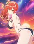  1girl arbiter1 ass azur_lane bikini black_bikini breasts cowboy_shot from_side highres italian_flag large_breasts long_hair looking_at_viewer mountainous_horizon o-ring o-ring_bikini official_alternate_costume red_hair side_ponytail solo sunset swimsuit water waves yellow_eyes zara_(azur_lane) zara_(poolside_coincidence)_(azur_lane) 