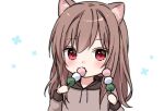  1girl animal_ear_fluff animal_ears anz32 bad_source blush brown_hair brown_shirt cat_ears cat_girl chibi commentary_request dot_nose eating flat_chest food food_in_mouth food_request hair_between_eyes holding holding_food hood hood_down long_hair long_sleeves looking_at_viewer lowres nina_(anz32) original red_eyes shirt simple_background smile solo upper_body white_background 