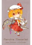  1girl animal ascot bird blood blood_from_eyes blood_on_face character_name chicken close-up english_text flandre_scarlet from_side full_body grey_background hat hat_ribbon highres holding holding_animal holding_knife imminent_death knife looking_at_viewer looking_to_the_side medium_hair multicolored_wings one_side_up pillarboxed red_eyes red_footwear red_ribbon red_skirt red_vest ribbon ribbon-trimmed_headwear ribbon-trimmed_sleeves ribbon_trim shirt sicure simple_background skirt socks solo standing touhou vest white_headwear white_shirt white_socks wings yellow_ascot 