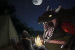  2016 ambiguous_gender anthro camp campfire cat digital_media_(artwork) dragon drooling duo feline feral hi_res imminent_vore mammal moon night open_mouth outside phietto saliva scalie size_difference sky star teeth tent tongue tree vore 