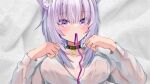  1girl absurdres animal_ear_fluff animal_ears black_collar blush breasts cat_ears cat_girl collar highres hololive large_breasts looking_at_viewer lying medium_hair mouth_hold naked_shirt nekomata_okayu nekomata_okayu_(oversized_shirt) official_alternate_costume on_back purple_eyes purple_hair purple_ribbon ribbon ribbon_in_mouth shiemika324 shirt solo virtual_youtuber white_shirt 