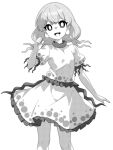  1girl :d blouse ebisu_eika feet_out_of_frame flat_chest frilled_skirt frills greyscale highres long_earlobes medium_hair monochrome onkn_sxkn puffy_short_sleeves puffy_sleeves shirt short_sleeves skirt skirt_set smile solo touhou upper_body 