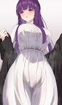  1girl :o absurdres ass_visible_through_thighs blunt_bangs breasts button_gap covered_navel dress enoha fern_(sousou_no_frieren) highres large_breasts long_hair open_clothes open_mouth open_robe purple_eyes purple_hair robe simple_background solo sousou_no_frieren steaming_body taut_clothes taut_dress very_long_hair white_background white_dress 