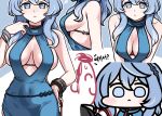  1boy 1girl :&lt; ako_(blue_archive) ako_(dress)_(blue_archive) blue_archive blue_dress blue_eyes blue_hair blue_halo breasts chibi cleavage closed_mouth commentary doodle_sensei_(blue_archive) dress frown halo hand_on_own_hip jazz_jack korean_text large_breasts long_hair looking_at_viewer nervous_sweating sensei_(blue_archive) sideboob sleeveless sleeveless_dress sweat translation_request 
