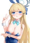  1girl absurdres animal_ears areola_slip bare_arms bare_shoulders blonde_hair blue_archive blue_bow blue_bowtie blue_eyes blue_hair blue_halo blue_leotard blush bow bowtie breasts chinese_commentary commentary_request covered_navel detached_collar earpiece fake_animal_ears go-sai_tamanegi grey_halo halo highleg highleg_leotard highres large_breasts leotard long_hair looking_at_viewer multicolored_hair multicolored_halo official_alternate_costume open_mouth partial_commentary playboy_bunny rabbit_ears sidelocks simple_background solo strapless strapless_leotard streaked_hair toki_(blue_archive) toki_(bunny)_(blue_archive) two-tone_hair two-tone_halo undersized_breast_cup undersized_clothes upper_body v white_background wrist_cuffs 