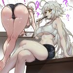  ! 1girl ? absurdres ahoge ass bare_legs barefoot bent_over black_shorts breasts crop_top crop_top_overhang crossed_legs drawing ebora fate/grand_order fate_(series) grey_hair highres holding holding_pen jeanne_d&#039;arc_alter_(fate) kneepits large_breasts long_hair multiple_views navel pen short_shorts shorts sweatdrop thought_bubble underboob very_long_hair yellow_eyes 