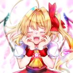  1girl ascot blonde_hair blurry blurry_background closed_eyes commentary_request facing_viewer flandre_scarlet hands_up open_mouth puffy_short_sleeves puffy_sleeves sakuramiya_nya shirt short_sleeves side_ponytail solo teeth touhou upper_body upper_teeth_only white_shirt yellow_ascot 