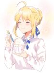  1girl :t ^_^ ahoge artoria_pendragon_(fate) blonde_hair blue_ribbon blush bowl braid braided_bun chopsticks closed_eyes closed_mouth collared_shirt cropped_torso eating facing_viewer fate/stay_night fate_(series) flower food hair_bun hair_ribbon holding holding_chopsticks long_sleeves neck_ribbon ribbon rice rice_bowl saber_(fate) shirt short_hair simple_background single_hair_bun smile solo upper_body wani_(mezo) white_background white_shirt 