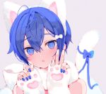  1boy :o @_@ androgynous animal_ears animal_hands blue_bow blue_eyes blue_hair blue_nails blush bow cat_ears cat_tail child fingerless_gloves fur_scarf gloves grey_background hair_between_eyes hair_bow hands_up kaito_(vocaloid) male_focus mogu_(wy5xrt7w) nail_polish paw_gloves portrait scarf simple_background solo sweat tail tail_bow tail_ornament vocaloid w white_bow white_scarf 