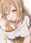  1girl absurdres blonde_hair blush breasts breath cleavage collarbone commentary dripping hair_between_eyes head_tilt highres kunikida_hanamaru large_breasts layered_shirt leaning_forward long_hair looking_at_viewer love_live! love_live!_sunshine!! open_mouth shikaokura shirt short_sleeves sidelocks simple_background solo sparkling_sweat sweat sweat_stain sweaty_clothes t-shirt upper_body white_background white_shirt yellow_eyes 