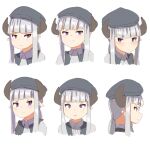  1girl beret black_headwear black_vest blush closed_mouth collared_shirt cropped_torso expressions grey_hair grey_shirt hat highres horns kuro_kosyou long_hair multiple_views original parted_lips pointy_ears profile purple_eyes shirt simple_background upper_body vest white_background 