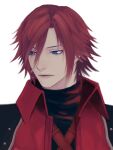  1boy armor bishounen black_shirt blue_eyes chest_strap coat crisis_core_final_fantasy_vii d8j0j final_fantasy final_fantasy_vii genesis_rhapsodos highres looking_to_the_side male_focus parted_lips pauldrons red_coat red_hair shirt short_hair shoulder_armor solo turtleneck_shirt upper_body 