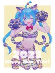  1girl 2022 :d ahoge animal_ears animal_hands animal_print bandeau bell blue_eyes blue_hair blush border bow bowtie breasts cat_ears cat_tail diamond-shaped_pupils diamond_(shape) fake_animal_ears fangs full_body gloves hair_between_eyes hands_up happy_new_year hatsune_miku heart heart_ahoge highres kneeling long_hair looking_at_viewer navel neck_bell one_eye_closed open_mouth paw_gloves paw_pose pnyo_emc print_bandeau print_shorts print_thighhighs project_sekai red_bow red_bowtie short_shorts shorts sidelocks simple_background small_breasts smile solo stomach symbol-shaped_pupils tail thighhighs tiger_print traditional_bowtie twintails v-shaped_eyebrows very_long_hair vocaloid white_border wonderlands_x_showtime_miku yellow_background 