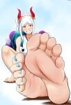 2023 5_toes absurd_res barefoot clothing colored_nails feet female foot_focus groenness hair hi_res horn horned_humanoid humanoid humanoid_feet light_body light_skin long_hair looking_at_viewer nails not_furry one_piece plantigrade simple_background smile solo toes yamato_(one_piece)