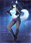  5_fingers anthro black_hair black_nose breasts canid canine canis clothed clothing digital_media_(artwork) female green_eyes hair koveliana mammal midriff navel smile solo wolf 