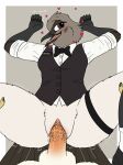 absurd_res anthro avian bird black_tie_(suit) blush body_blush bottomless bow_tie casual_exposure clitoris clothed clothing dress_shirt female first_person_view fish_birb genitals hi_res leg_strap looking_at_viewer looking_pleasured male male/female millie_(fish_birb) moan oscine passerine penetration penile penile_penetration penis_in_pussy pussy pussy_blush rolled_up_sleeves sex shirt solo solo_focus starling_(bird) suit tail topwear vaginal vaginal_penetration vest waiter waiter_suit