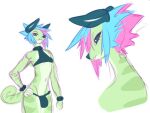 anthro armwear blue_hair bottomwear bulge chameleon clothing curled_tail green_body grimbelle_(seel_kaiser) hair hand_on_hip horn jijis-waifus lizard male markings multicolored_hair multiple_images navel pink_hair reptile scalie simple_background solo standing tail topwear white_background