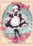  1girl alternate_costume apron black_bow black_gloves blush bow braid card character_name cherry commentary_request doll_joints enmaided fate/grand_order fate_(series) flower food fruit gate gloves hair_bow hair_rings hairband holding holding_plate icing juliet_sleeves lace_border lolita_hairband long_hair long_sleeves macaron maid maid_apron mary_janes memory_of_qualia nursery_rhyme_(fate/extra) pink_eyes pink_footwear plate puffy_sleeves shoes signature smile solo twin_braids twitter_username very_long_hair white_bow yuzushiro 