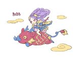  1girl 2024 blush chibi chinese_clothes chinese_zodiac cloud commentary dragon fate/grand_order fate_(series) flying hanfu harada_takehito long_hair open_mouth parted_bangs pink_eyes purple_hair riding smile wu_zetian_(fate) year_of_the_dragon 