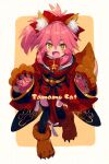  1girl aged_down animal_ear_fluff animal_ears animal_hands bell black_thighhighs blush_stickers character_name commentary_request echo_(circa) fangs fate/grand_order fate_(series) fox_ears fox_girl fox_tail gloves hair_ribbon japanese_clothes kimono long_hair neck_bell open_mouth paw_gloves paw_shoes pink_hair red_kimono red_ribbon ribbon smile solo tail tamamo_(fate) tamamo_cat_(fate) thighhighs tongue twitter_username yellow_eyes 