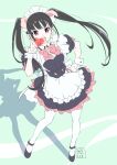  1girl akiba_maid_sensou animal_ears apron black_hair bow fake_animal_ears full_body heart long_hair looking_at_viewer maid maid_apron maid_headdress morishima_noriko_(noriko_mrsm) open_mouth pig_ears pink_bow pink_eyes smile solo twintails white_apron wrist_cuffs yumechi_(akiba_maid_sensou) 