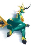 absurd_res anthro big_breasts bodily_fluids breasts butt digital_media_(artwork) electricity equid equine female fur genital_fluids genitals green_body green_fur hi_res horse looking_at_viewer mammal nipples nude pal_(species) palworld pussy red_eyes simple_background smile solo tail univolt white_background yellow_body yellow_fur zanzagen