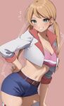 1girl belt belt_buckle breasts brown_belt buckle campbell_xx cleavage collarbone commentary contrapposto cowboy_shot crop_top cropped_jacket denim denim_shorts earrings green_eyes gundam gundam_tekketsu_no_orphans hand_on_own_hip hand_on_own_thigh heart heart_earrings highres jewelry lafter_frankland large_breasts light_blush light_brown_hair linea_alba looking_at_viewer low_twintails navel pink_background pink_tube_top popped_collar shadow short_shorts shorts sleeves_rolled_up smile solo strapless tube_top twintails 