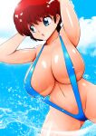  1girl bikini blue_eyes breasts cleavage covered_nipples highres huge_breasts moyashi_matsuri navel ranma-chan ranma_1/2 red_hair saotome_ranma short_hair slingshot_swimsuit solo swimsuit water 